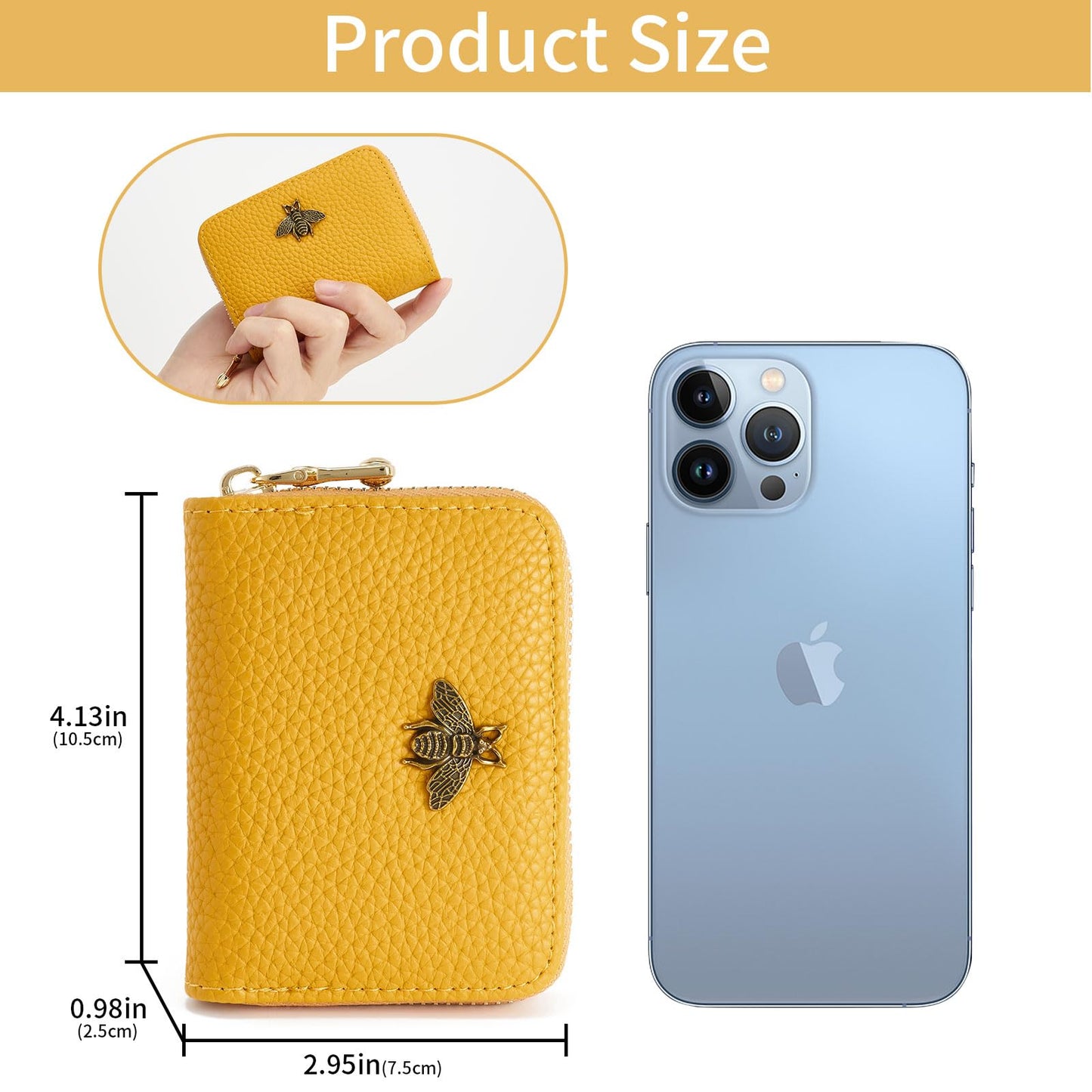 WOZEAH Small Women RFID Wallet Credit Card Holder, Accordion Wallet Leather Zipper Card Case（Yellow）