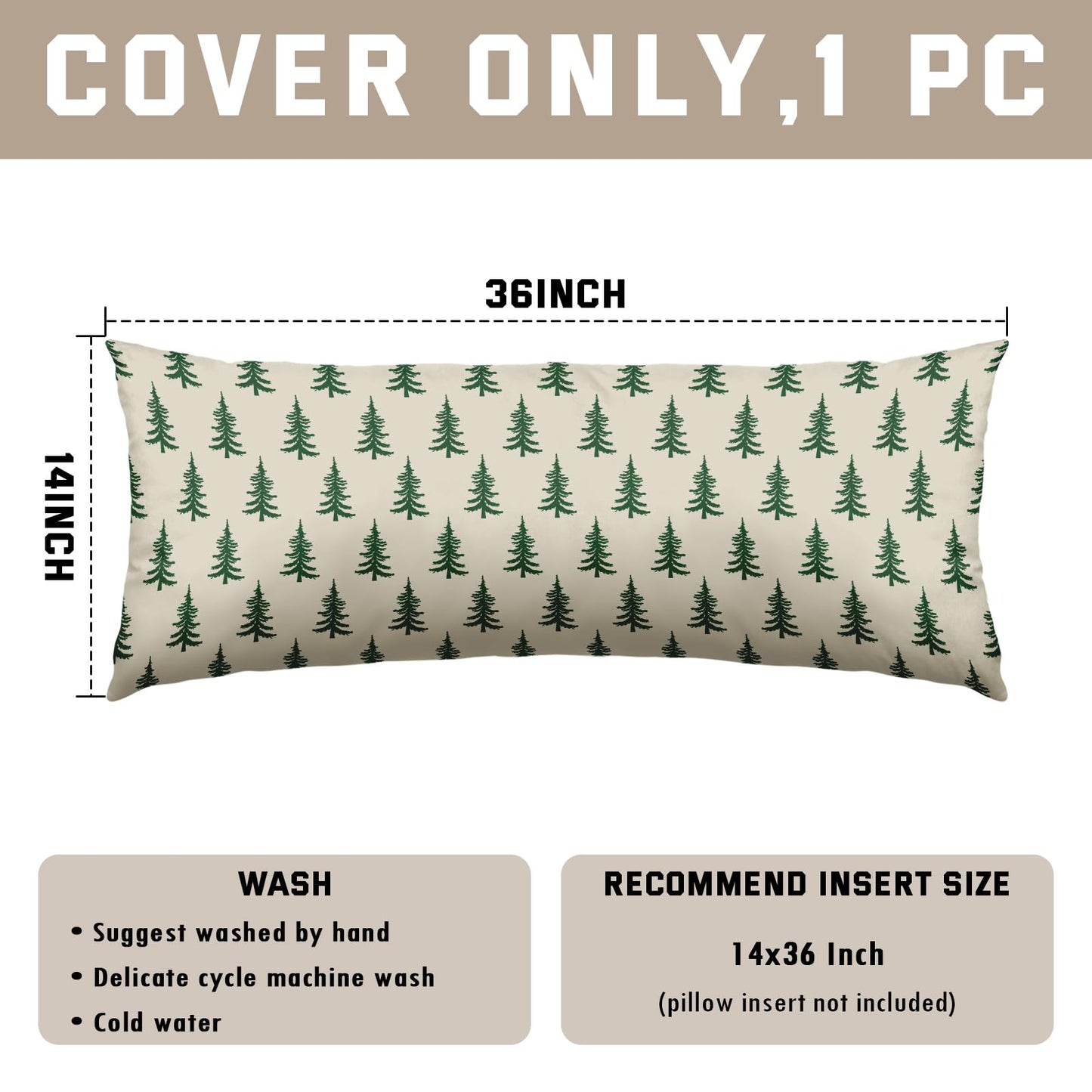 Christmas Pillow Cover 14x36 Inch Green Cream Tree Xmas Holiday Print Decorative Long Throw Pillowcases Outdoor Winter Seasonal Rustic Farmhouse Lumbar Rectangle Cushion Case Decor for Couch Sofa Bed