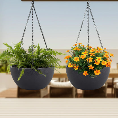 Meowell 8 inch Small Hanging Planters Plant Pots for Indoor Outdoor Plants, 2 Pack Hanging Flower Pots with Drainage Holes and Chain for Garden Porch, Plastic Hanging Baskets for House Plants, Black