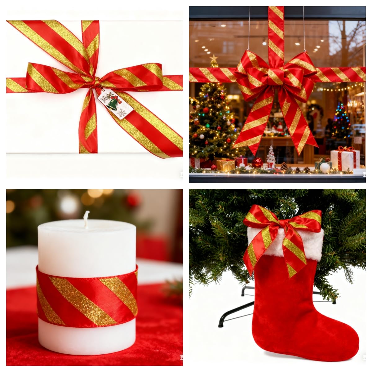 Meseey Red Green Christmas Tree Wired Ribbon 2.5 Inch x Total 30 Yards Red White Candy Cane Gift Wrapping Ribbons for Xmas Tree Wreath Bows DIY Craft Decoration