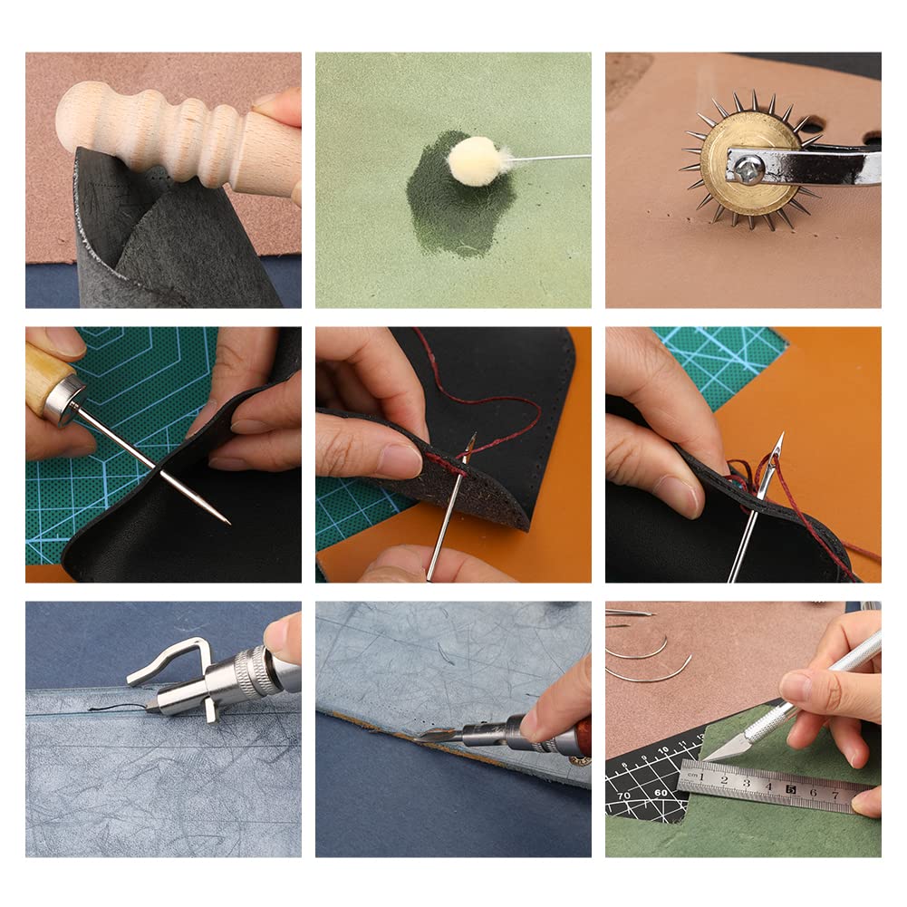 BUTUZE Leather Working Tools, Practical Leather Craft Kit with Waxed Thread Groover Awl Stitching Punch Hole for Leathercraft Beginner or Adults Gifts - Comes with Tool Manual