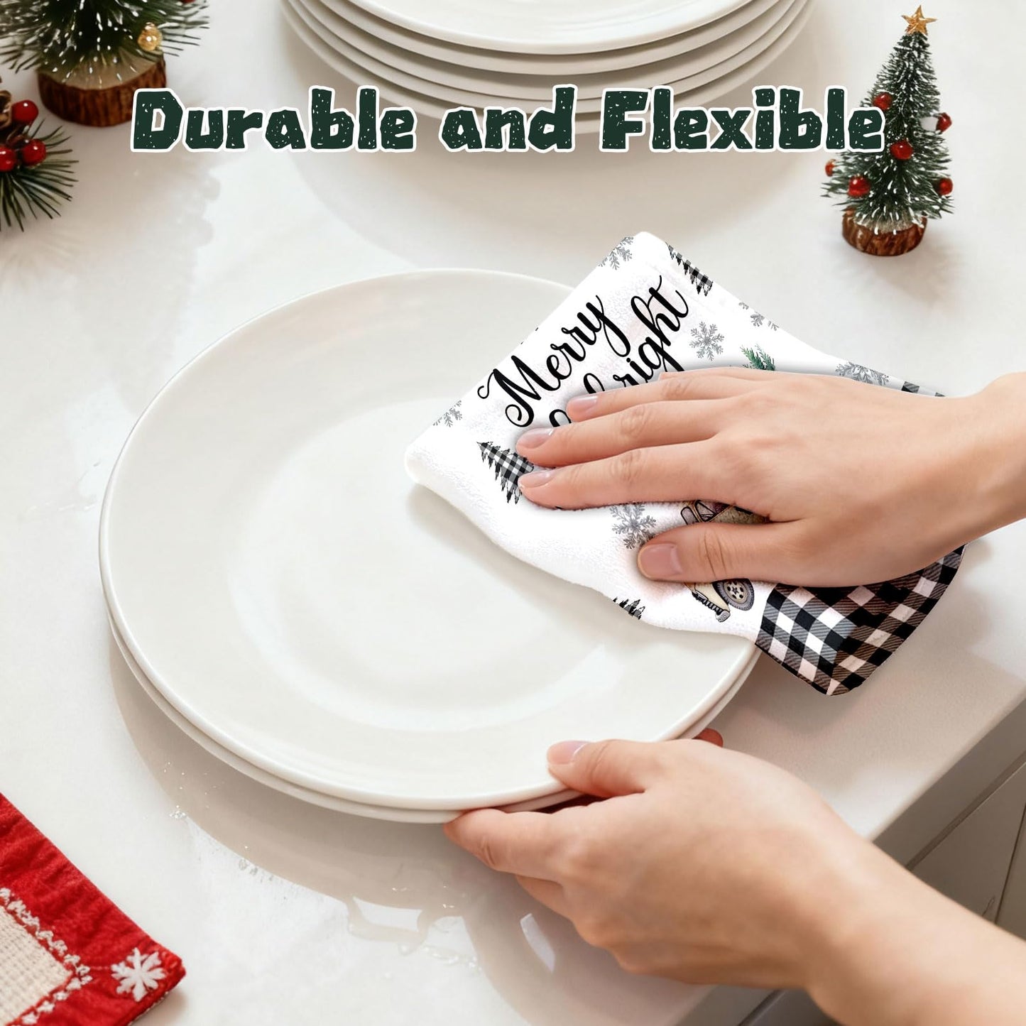 HEIFAM Green Xmas Christmas Kitchen Towels 6 Pcs, Christmas Hand Towel for Bathroom, Holiday Kitchen Towel, Snowman Tea Dish Towels, Snowflake Gloves Decor Gray Strips, Housewarming Gift, 17 X 26in