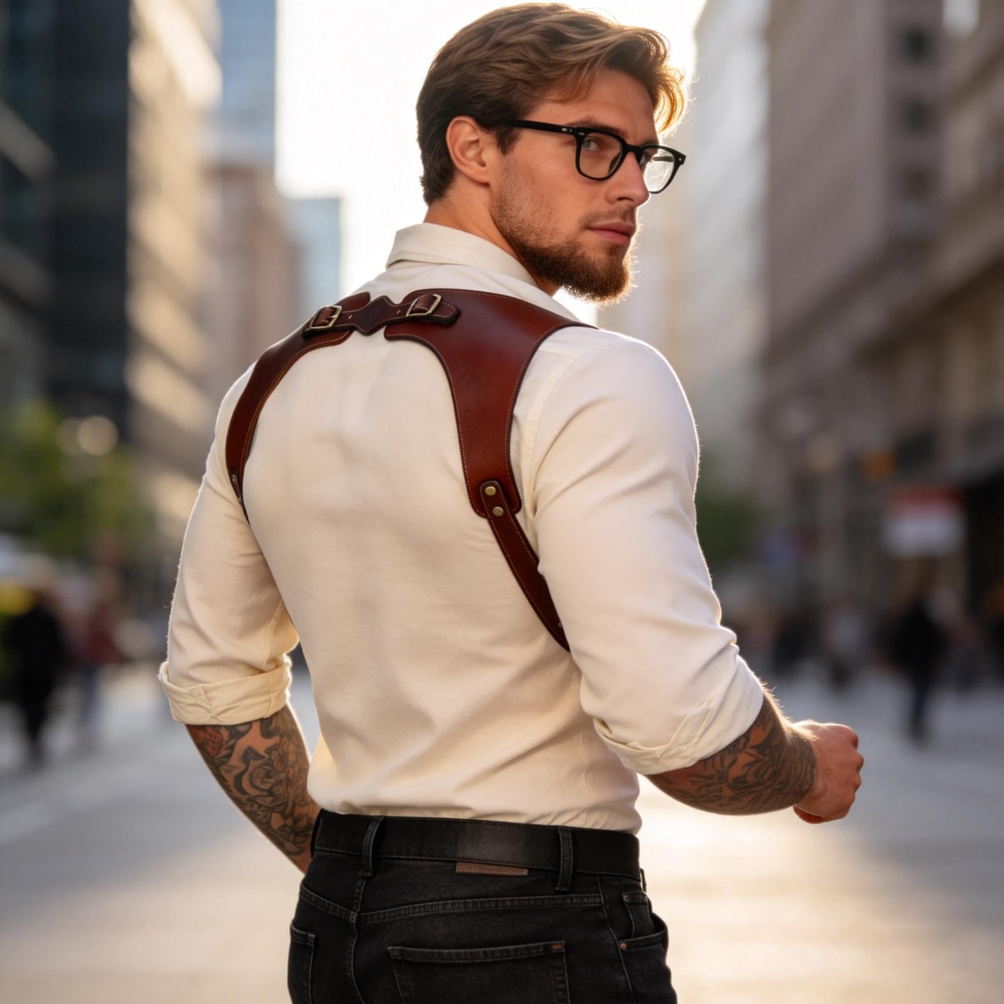 TOURBN Men's Genuine Leather Harness Suspenders - Adjustable Vintage Braces with Brass Hooks for Pants, Weddings & Formal Wear