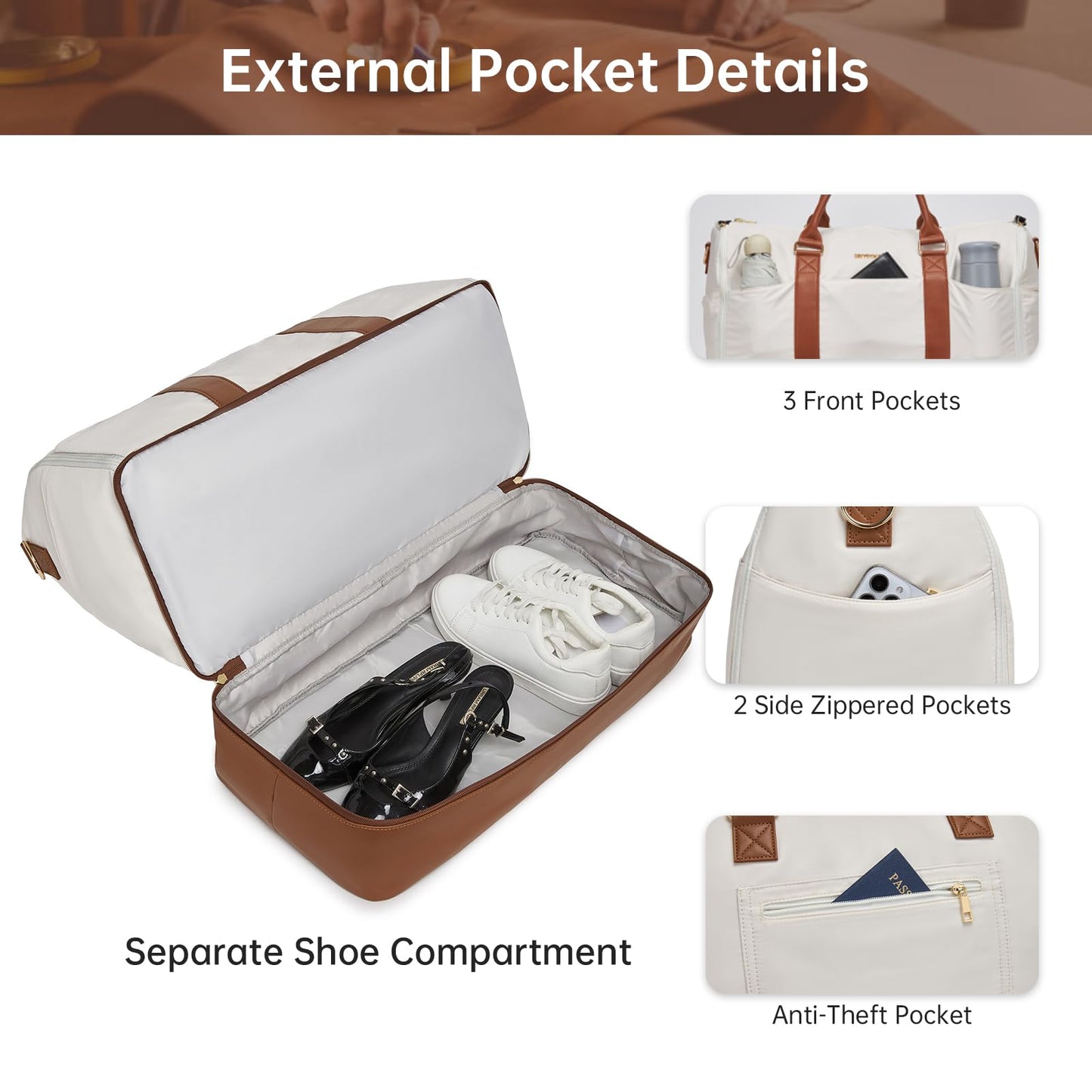 Convertible Garment Duffel Bag for Travel,2 in 1 Weekender Bag Hanging Suitcase for Women with Shoe Compartment, Carry On Suit Bags Travel Duffle Bag Beige