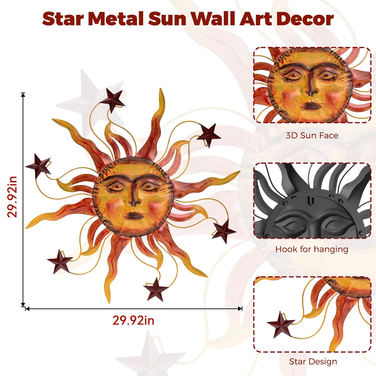 VESTCDF Metal Wall Art Decor Outdoor 30 inch Sun Wall Hanging Decoration for Graden 3D Sun Face Metal Wall for Living Room Garden Yard Patio(Star)