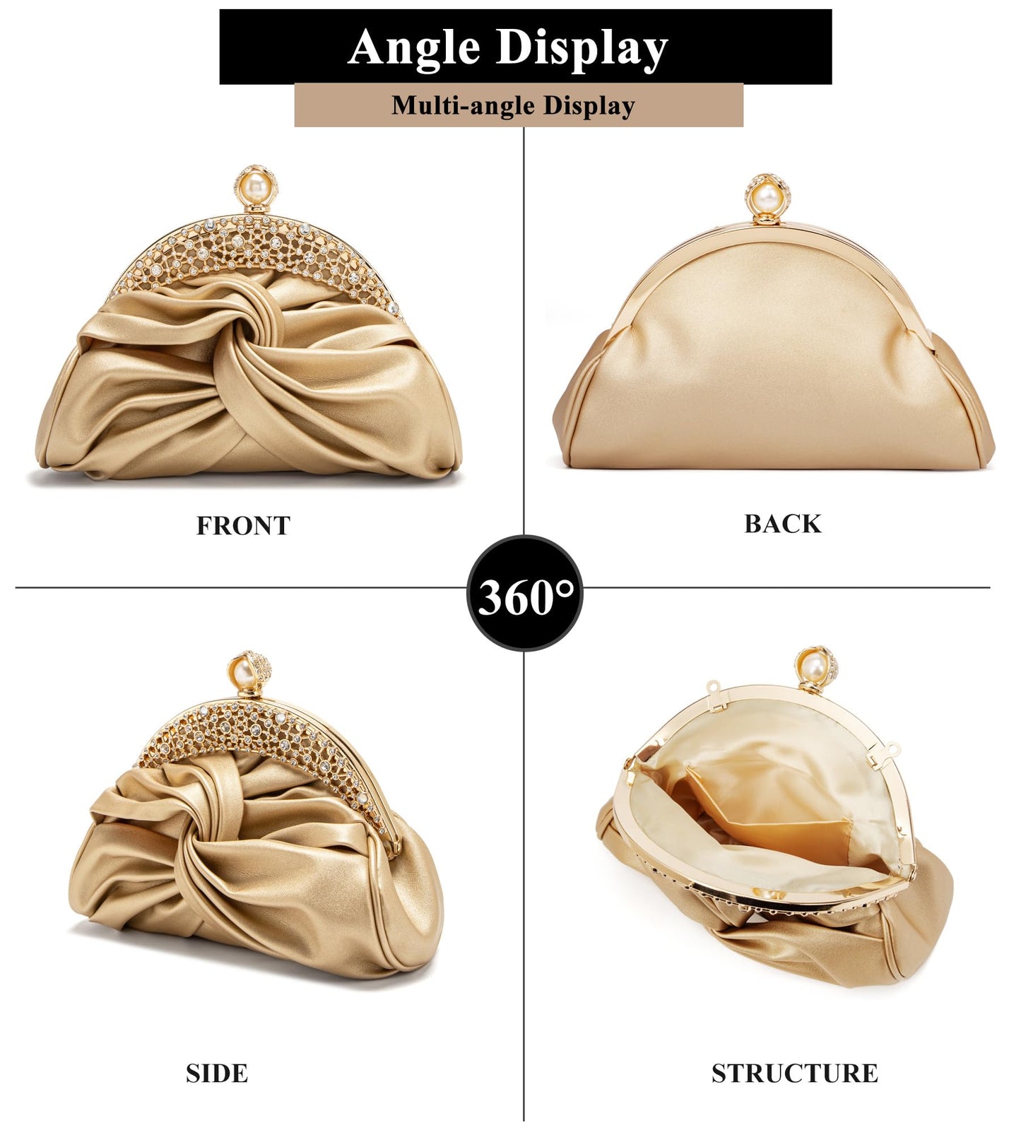 Sweetovo Rhinestone Evening Clutch Purse for Women, Sparkly Party Shoulder Handbag Wedding Bag with Chain (Gold)