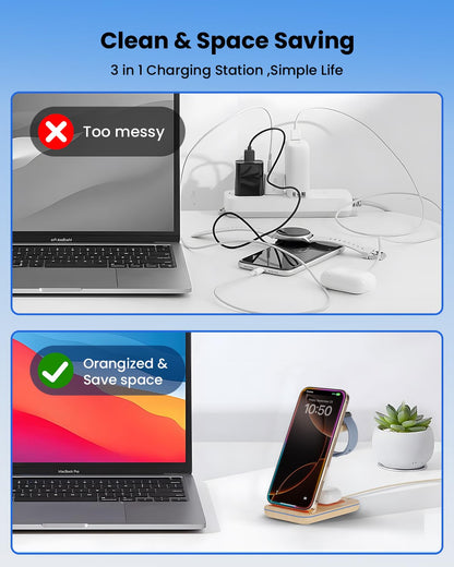 Wireless Charging Station for Apple - 3 in 1 Wireless Charger Stand Dock Watch and Phone Charger Station for Apple Watch 11/8/7/SE/6/5/4/3/2, iPhone 17 16-12 Pro Max SE XS X, Samsung, AirPods Pro/3/2