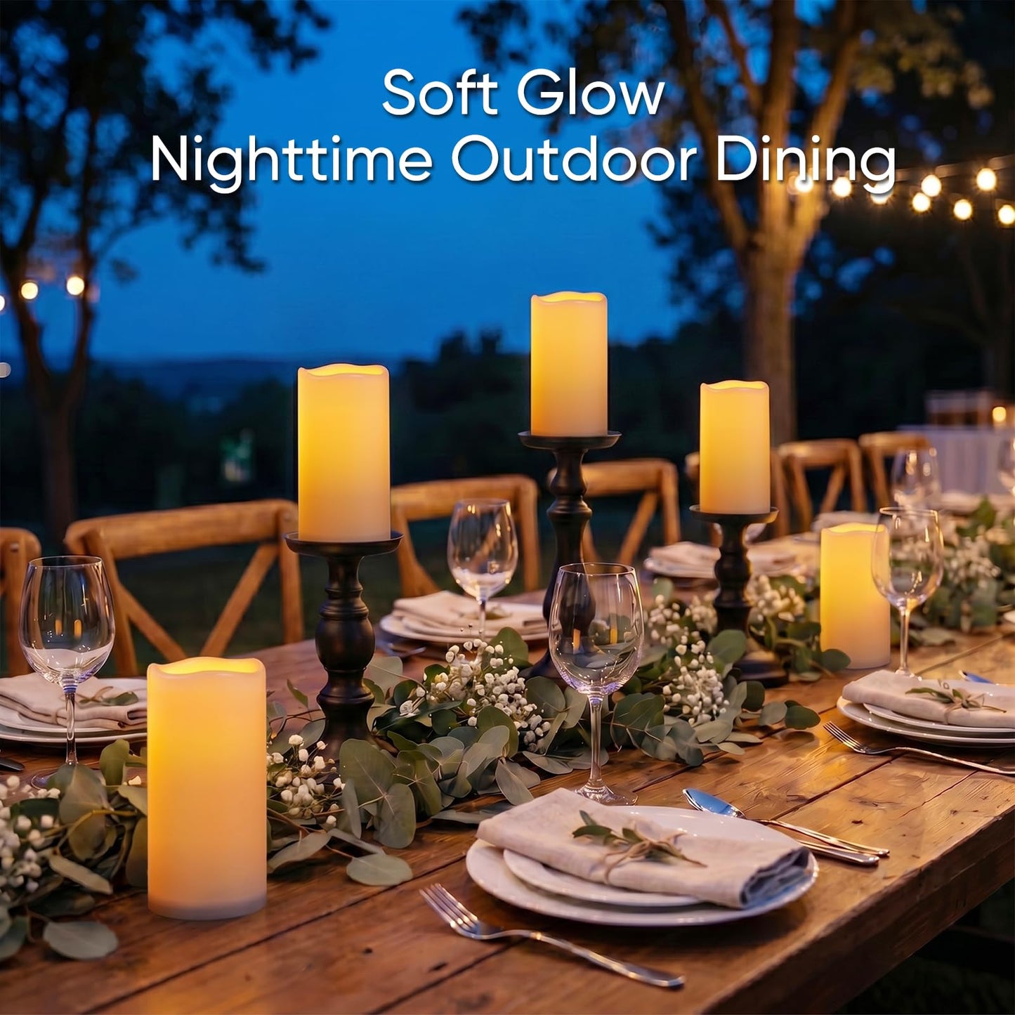 Raycare Outdoor Waterproof Flameless Candles-Auto Light Sensor Dusk to Dawn, Flickering LED Candle, Battery Operated Electric Fake Pillar Candle for Garden, Porch, Patio Decor, (D3 xH4 5" 6" 6" 6")