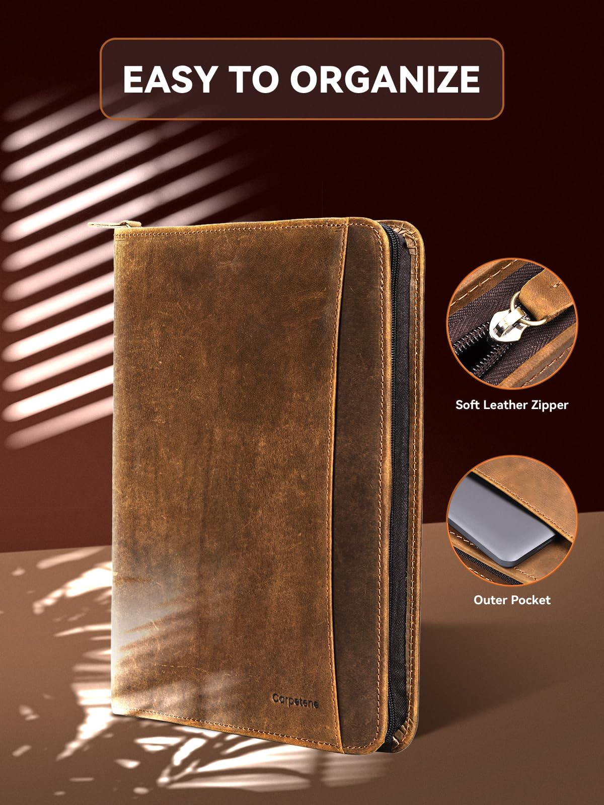 Carpetene Genuine Leather Portfolio, Professional Padfolio Binder Organizer with Zipper, Stylish Brown Cowhide Padfolio for Men Women, Leather Folio Folder for Business, Legal A4/Pad Holder Compatible
