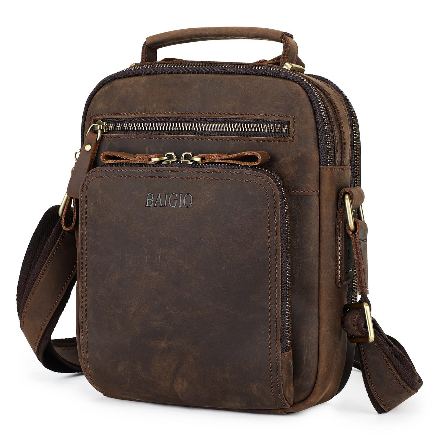 BAIGIO Genuine Leather Small Messenger Bag for Men Crossbody Shoulder Bag for Ipad Small Handbag Vintage Man Purse Daily Business(Dark Brown)