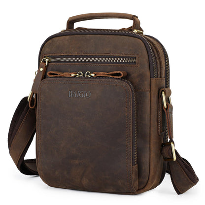 BAIGIO Genuine Leather Small Messenger Bag for Men Crossbody Shoulder Bag for Ipad Small Handbag Vintage Man Purse Daily Business(Dark Brown)