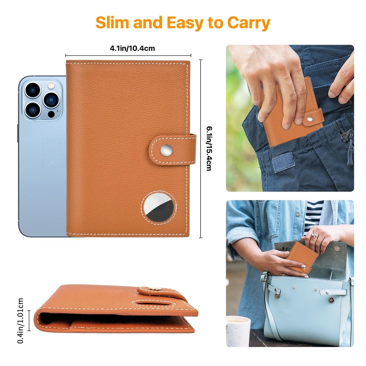 Genuine Leather Passport Holder for Travel, RFID Blocking Passport Wallet with Tracker Holder, Slim Passport Cover Travel Wallet for Women Men, Airport Essentials (Brown)