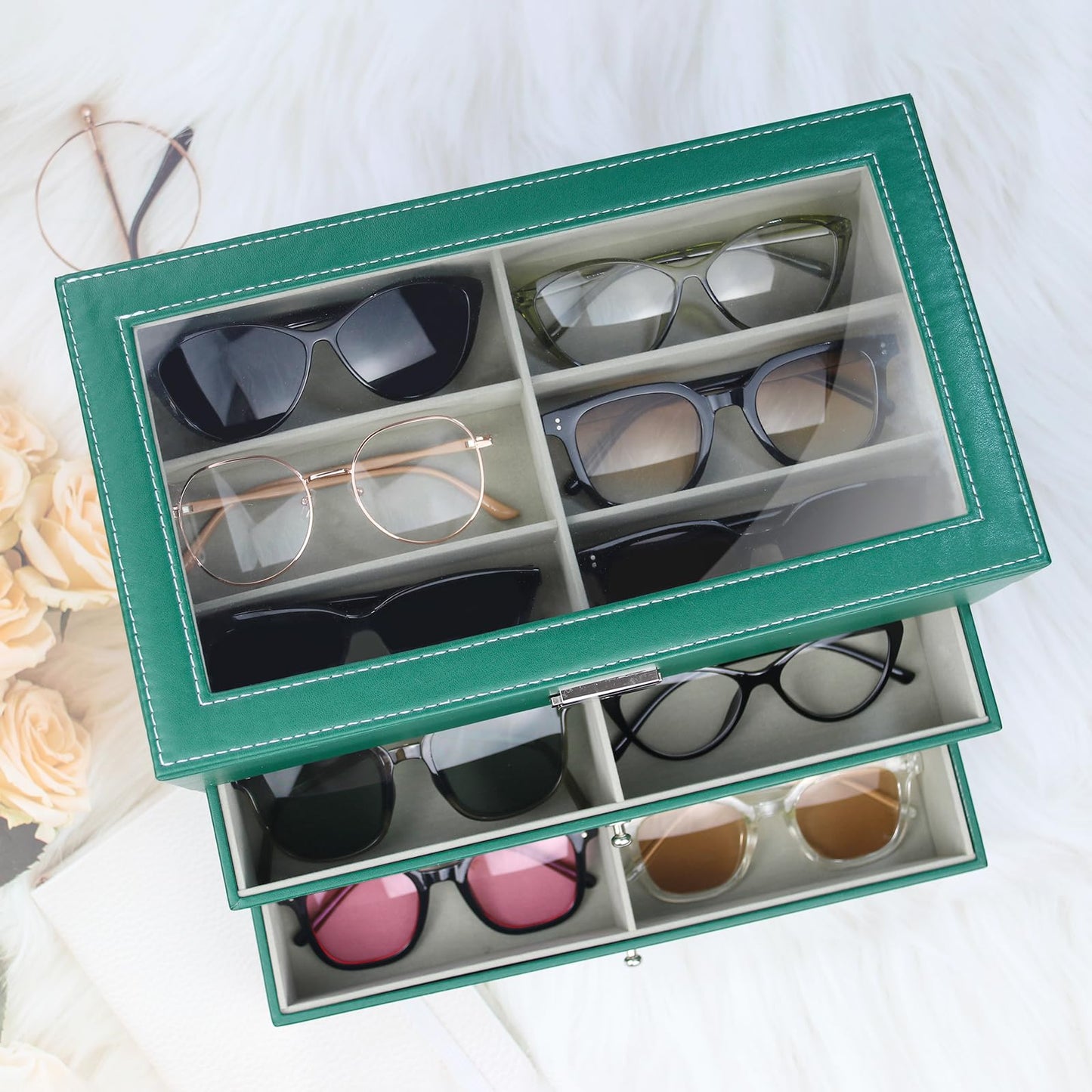 GRTCZYSL Sunglasses Organizer 18 Slots, Multiple Pairs Glasses Storage Case Leather Eyeglasses Display Box for Women Men -3 Layers, Green