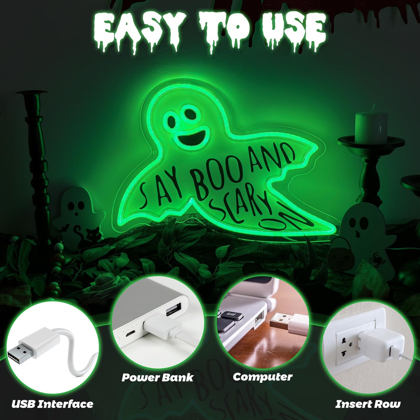 Ghost Neon Signs, Green Neon Lights Decorations, USB/Battery Powered Led Neon Sign for Wall Decor, Bedroom, Bar, Party