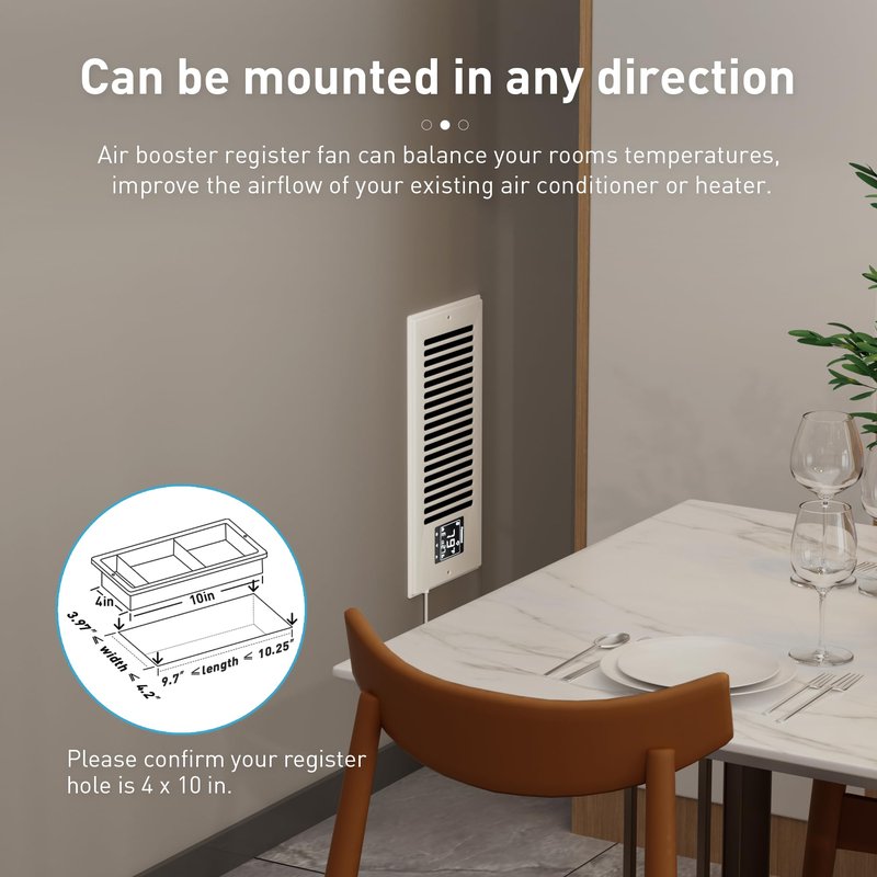PowerScale 4" x 10" Smart Vent Air Booster Register Fan with Humidity Temeperature Sensor Register Fan with LCD Display Touchscreen Ceiling Register Booster for Efficient HVAC Air Boosting