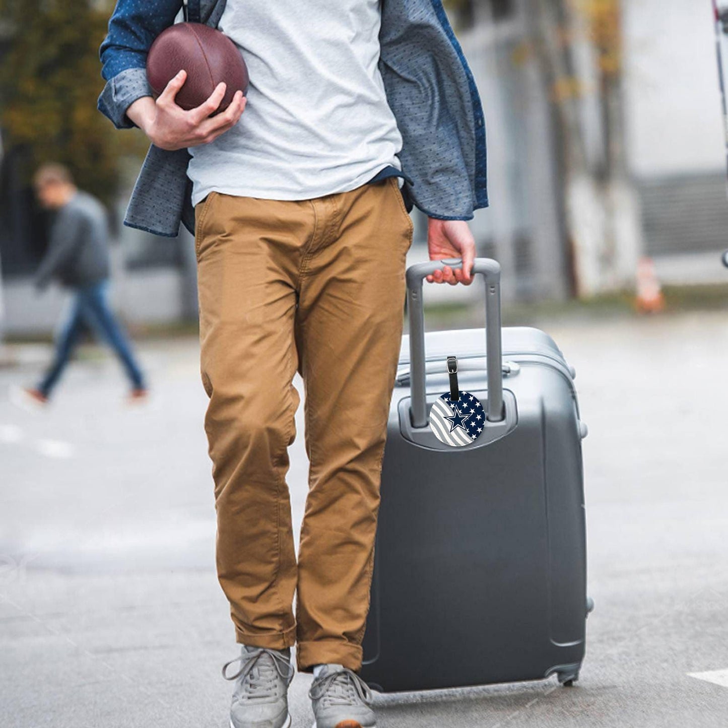 FKHGY - 2 Pack Leather Football Sport Fan Luggage Tag for Suitcase，Double-Sided Pattern Blue Design Travel Suitcase Tag with Privacy Flap Address Labels
