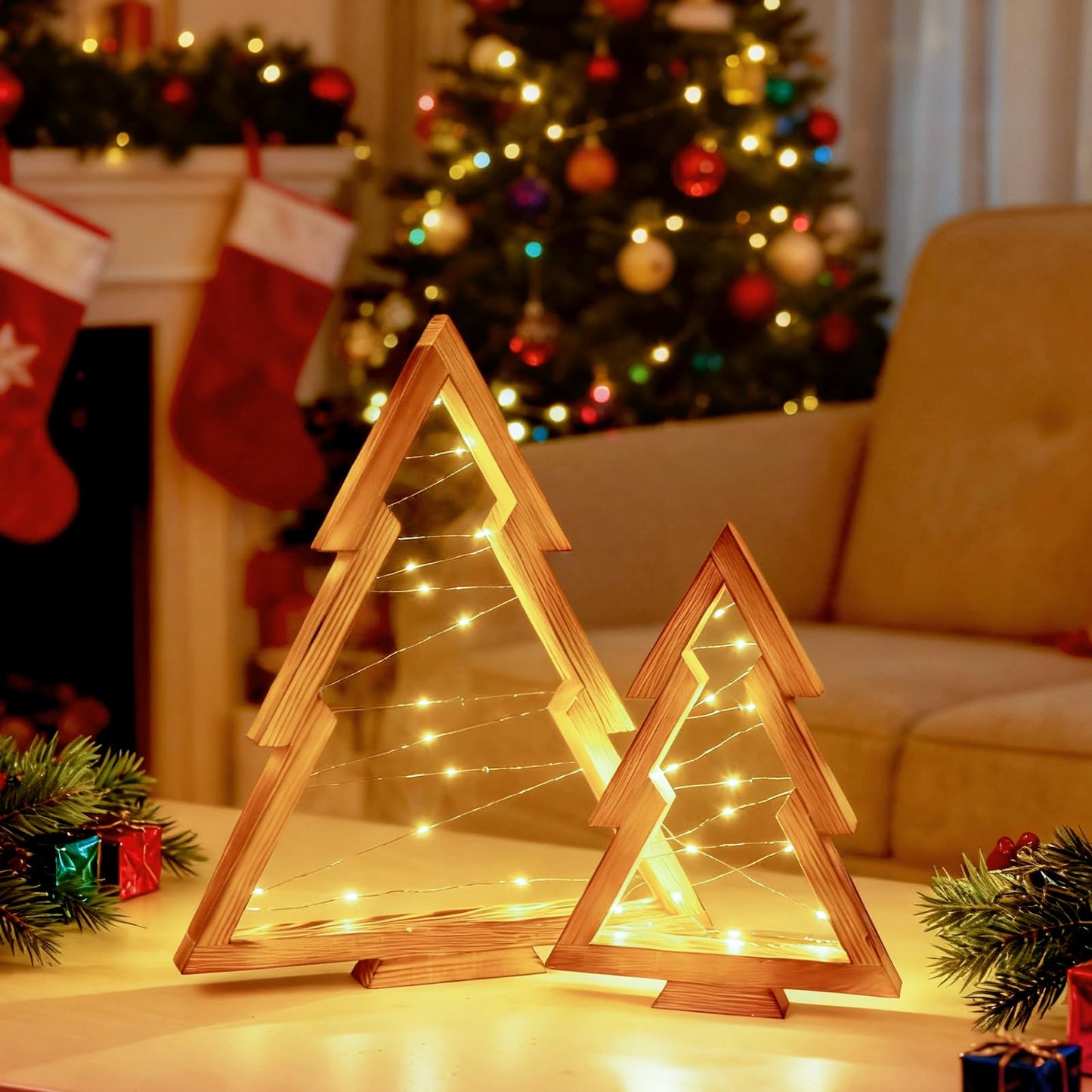 HOMIEE Wooden Christmas Tree 2PCS Handmade Tabletop Decor with Light for Farmhouse Home Kitchen Table Mantle Shelf Holiday Indoor Party Decor