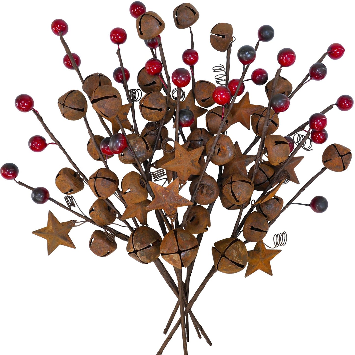 Winlyn 6 Pcs Christmas Rustic Bells Picks Holiday Floral Stem Stars Sprays with Burgundy Berries 10.6" for Christmas Tree Farmhouse Primitive Arrangement Centerpiece DIY Wreaths Garlands