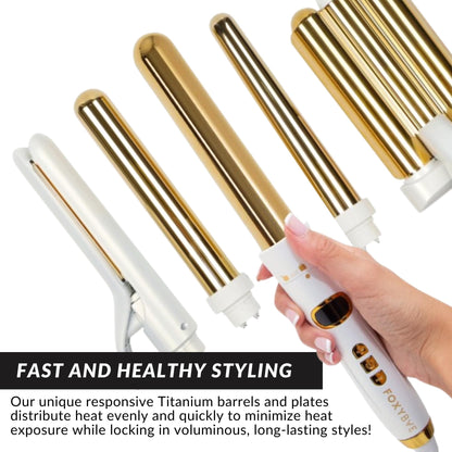 FoxyBae 5-in-1 Interchangeable Hair Tools Set - 1" Flat Iron Hair Straightener, 3 Barrels Hair Crimper, 3 Ceramic Curling Wands 0.75"-1.25", Salon Grade Waver & Curler (Pearl White - Gold)