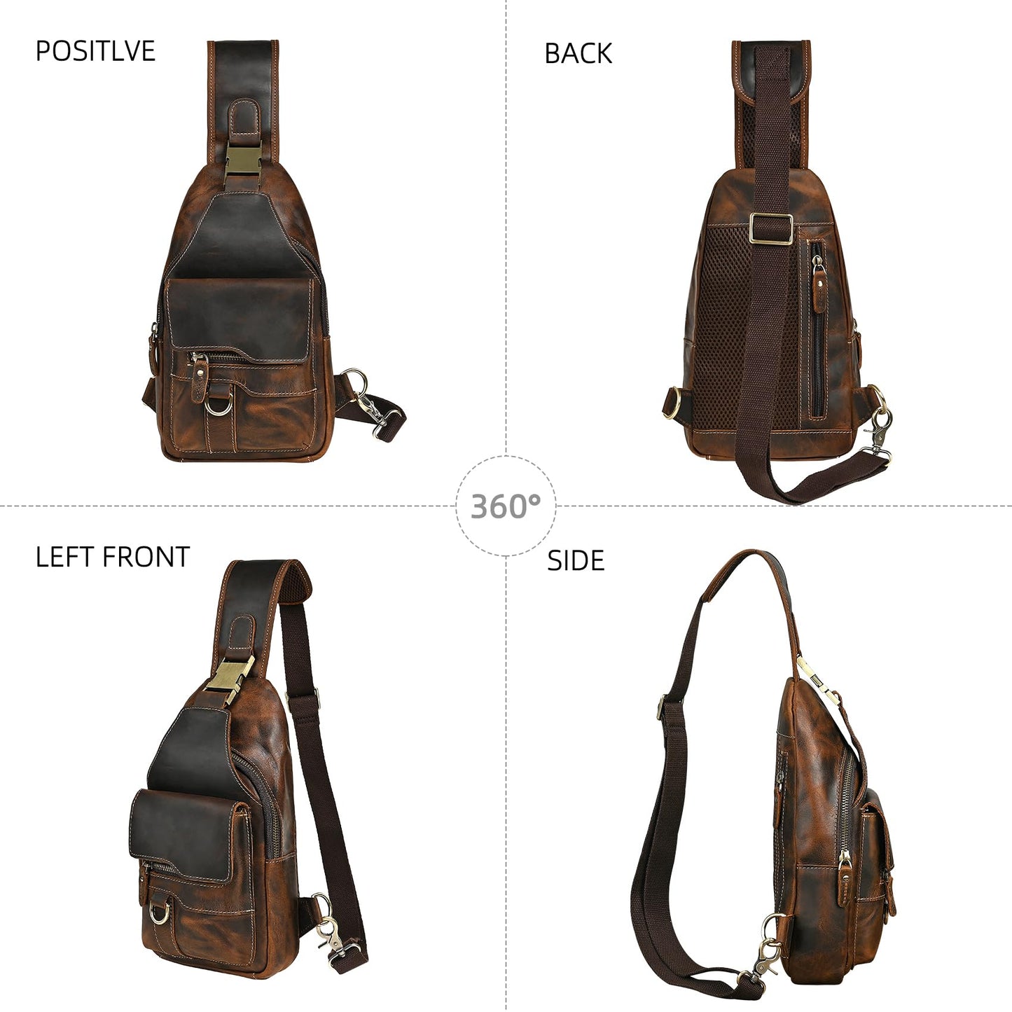 Handadsume Water Resistant Canvas + Leather Hiking Travel DayPack Sling Crossbody Triangle Chest Pack Bag For Men Women FB8013 (100% Genuine Leather-8015 Brown)