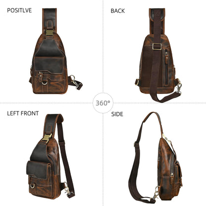 Handadsume Water Resistant Canvas + Leather Hiking Travel DayPack Sling Crossbody Triangle Chest Pack Bag For Men Women FB8013 (100% Genuine Leather-8015 Brown)
