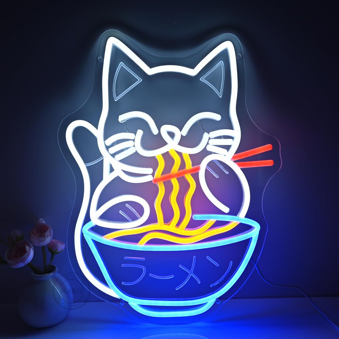 Planzo Cat Ramen Neon Sign Light Japanese Noodle Resturant Home Bar Pub Kitchen Dinning Room Cafe Shop Cut Cat USB Warm White 15.75"X11.8"