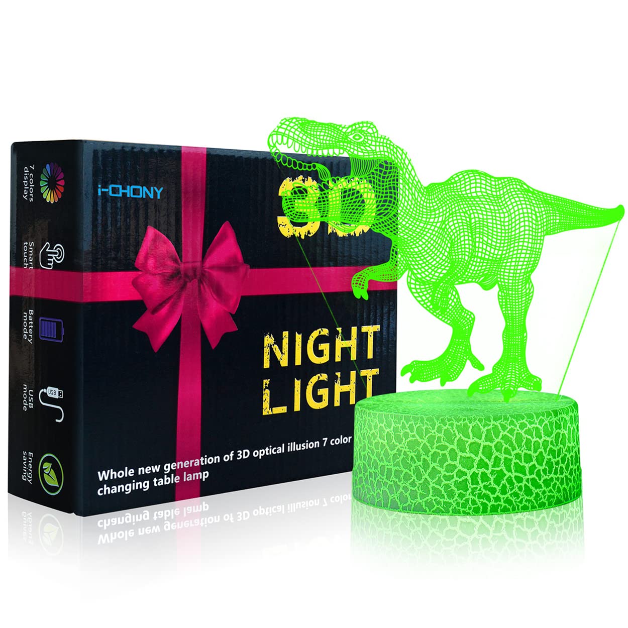 i-CHONY Dinosaur Night Light, 3D Illusion Lamp, 16 Colors