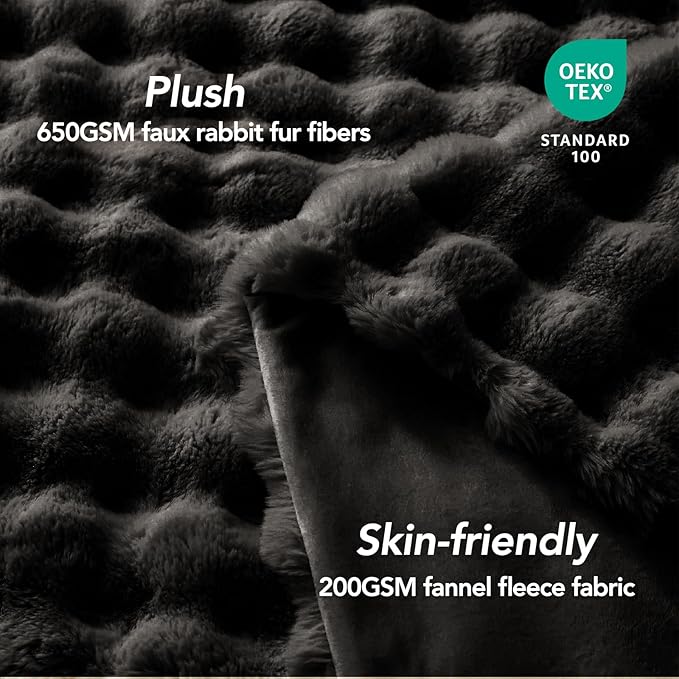 L'AGRATY Faux Rabbit Fur Blanket: 50" x 60" Luxury Soft Fluffy Thick Fur Throw Blanket for Couch Bed Sofa - Cozy Plush Bubble Blankets for Winter: Warm Flannel Fleece Decorative Blanket(Black)