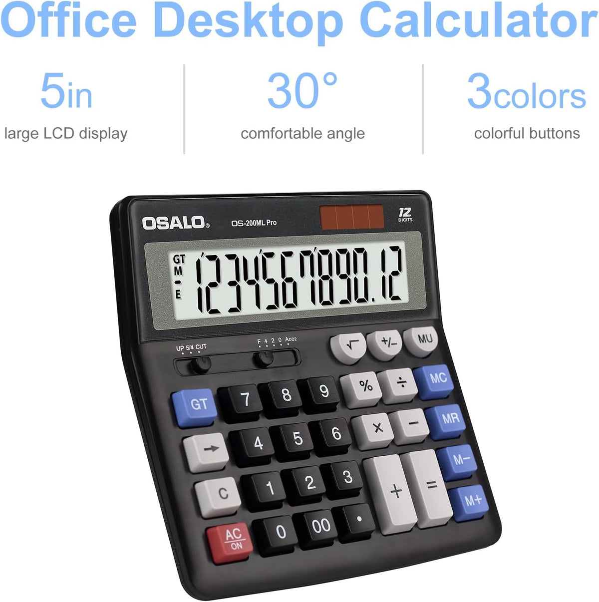 OSALO Desktop Calculator Extra Large Display 12 Digits Big Buttons Solar Accounting Calculator for Office Black (OS-200ML)