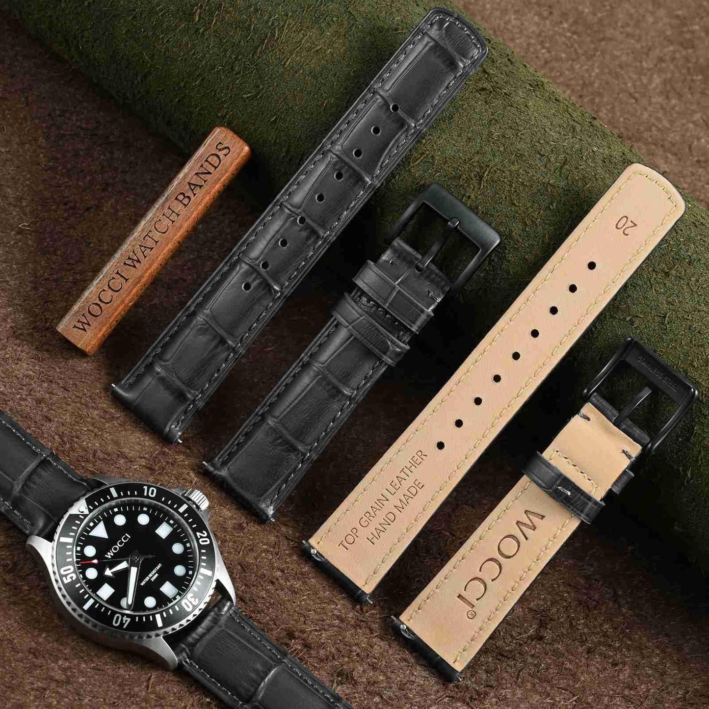 WOCCI 22mm Watch Band, Top Grain Leather, Embossed Alligator Grain, Quick Release, Black Buckle (Dark Grey)