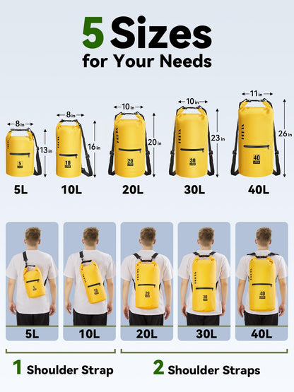 HEETA Waterproof Dry Bag with Front Zippered Pocket for Women Men, Roll Top Lightweight Dry Storage Bag Backpack for Travel, Kayaking, Boating, Rafting, Camping, Hiking & Beach (Yellow, 5L)