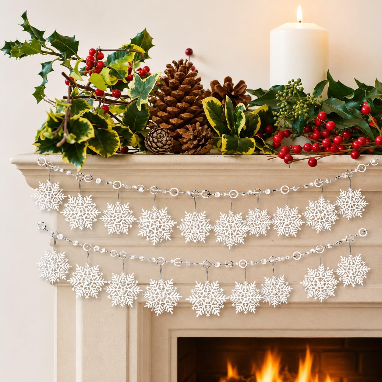 Snowflake Christmas Garland Decorations Set of 2 – 72 Inch Glitter Snowflake Hanging Garlands with Large 4” & 6” Snowflakes – Winter Wonderland Christmas Tree, Mantel, Staircase & Holiday Party Decor
