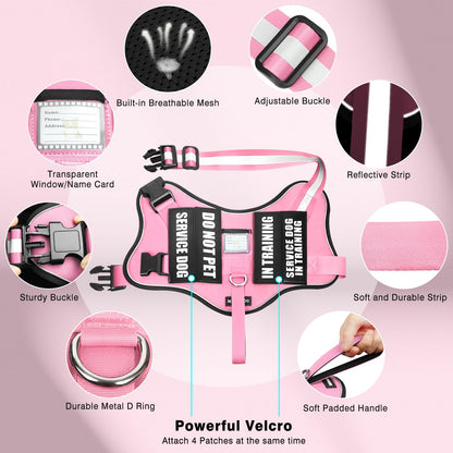 MOOGROU Service Dog Vest Harness and Leash Set+10 Patches,No Pull&Easy Walk Reflective Dog Harness with Soft Padded Handle for Training/Everyday,Fit Small/Medium/Large/Extra-Large Dogs(Pink S)