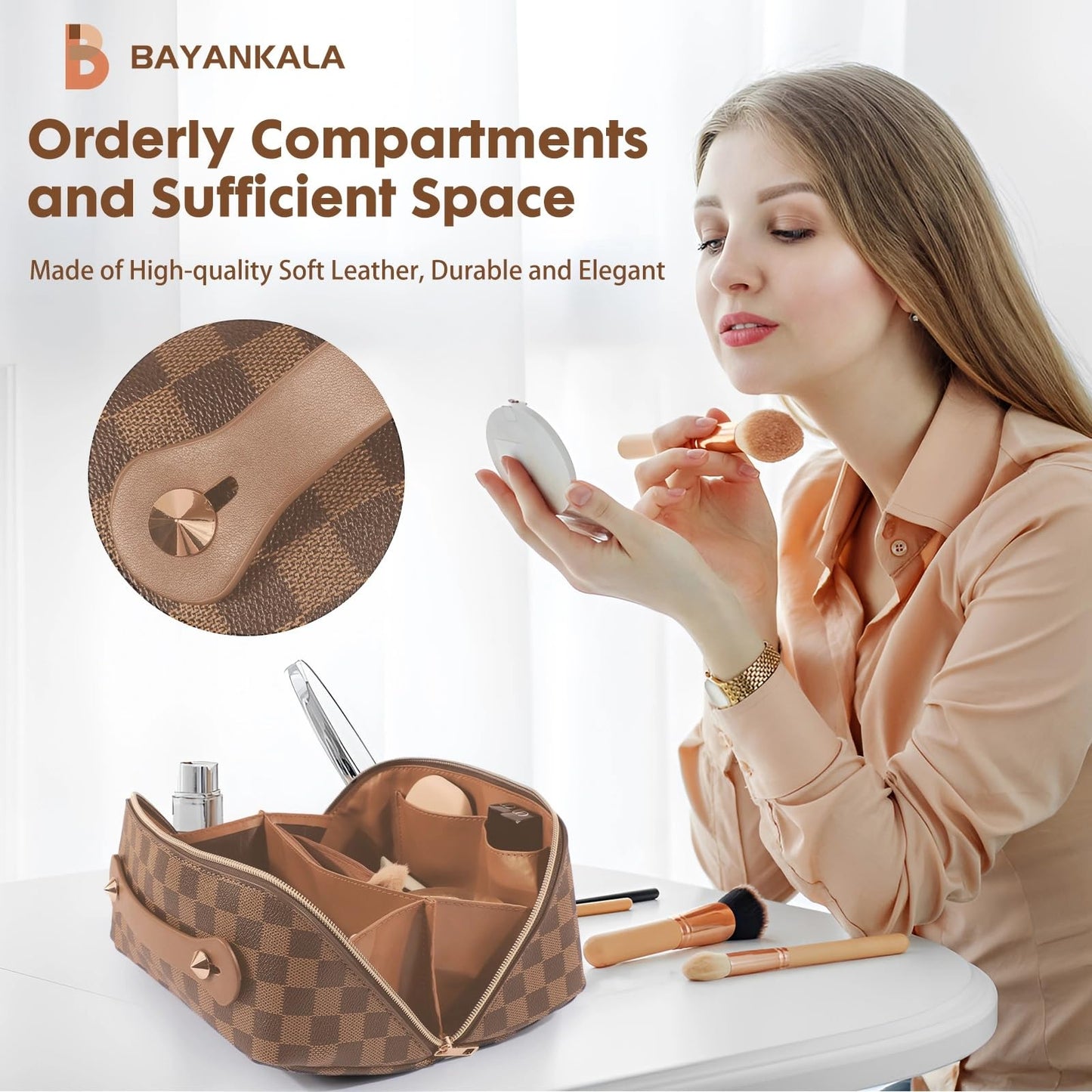 BAYANKALA Leather Travel Makeup Bag, Large Capacity Cosmetic Bag for Women, Waterproof Portable Pouch with Divider, Toiletry Organizer with Handle, 10.5x5x5 Inches, Deep Brown