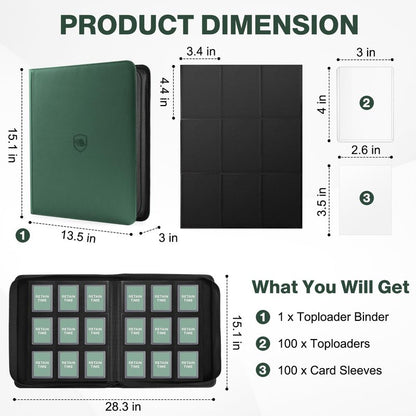 Toploader Binder, Holds 360 Toploaders, 100 Toploaders INCLUDED, 9-Pocket PU Cover Top Loader Binder for 3" x 4" Rigid Toploader, Ringless Double-Sided Toploader Card Binder for TCG, Sport Cards