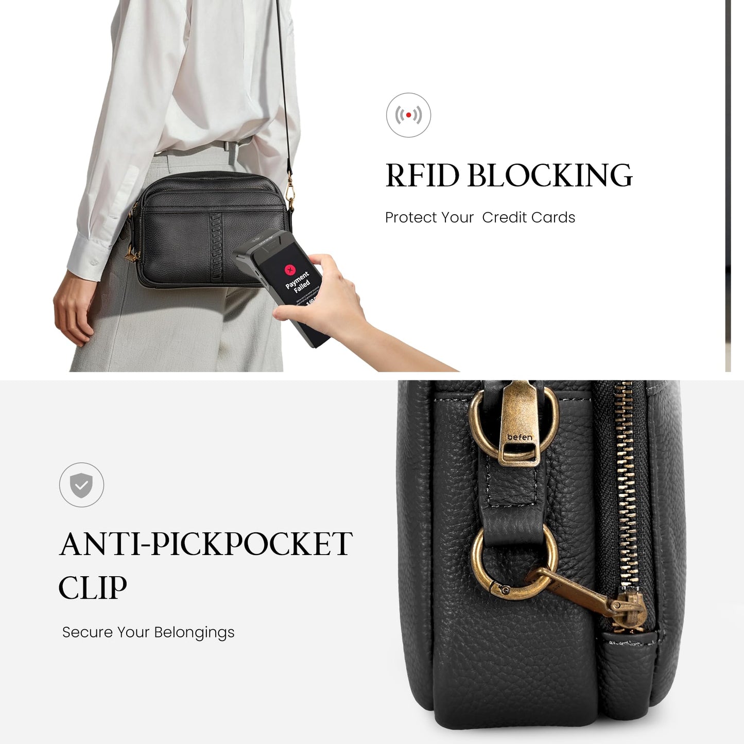 befen Black Leather Crossbody Purse for Women Trendy, Ladies Real Leather Rfid Bag with Adjustable Strap Built in Wallet Purses and Handbags,Structured Small Wallet Cross Body Summer Bags