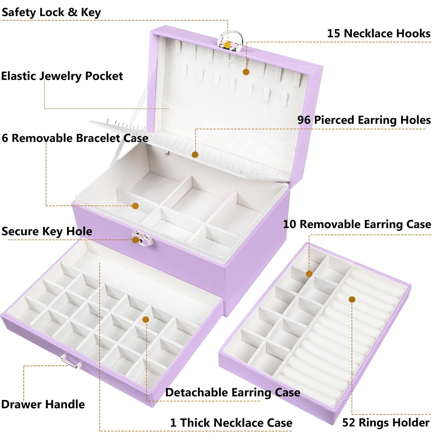 QBestry Earrings Jewelry Box for Girls, 5 Layers Jewelry Organizer with Earring Holder Organizer for Girls Earring Organizer Jewelry Boxes for Women Earrings and Necklaces Jewelry Box Organizer Violet
