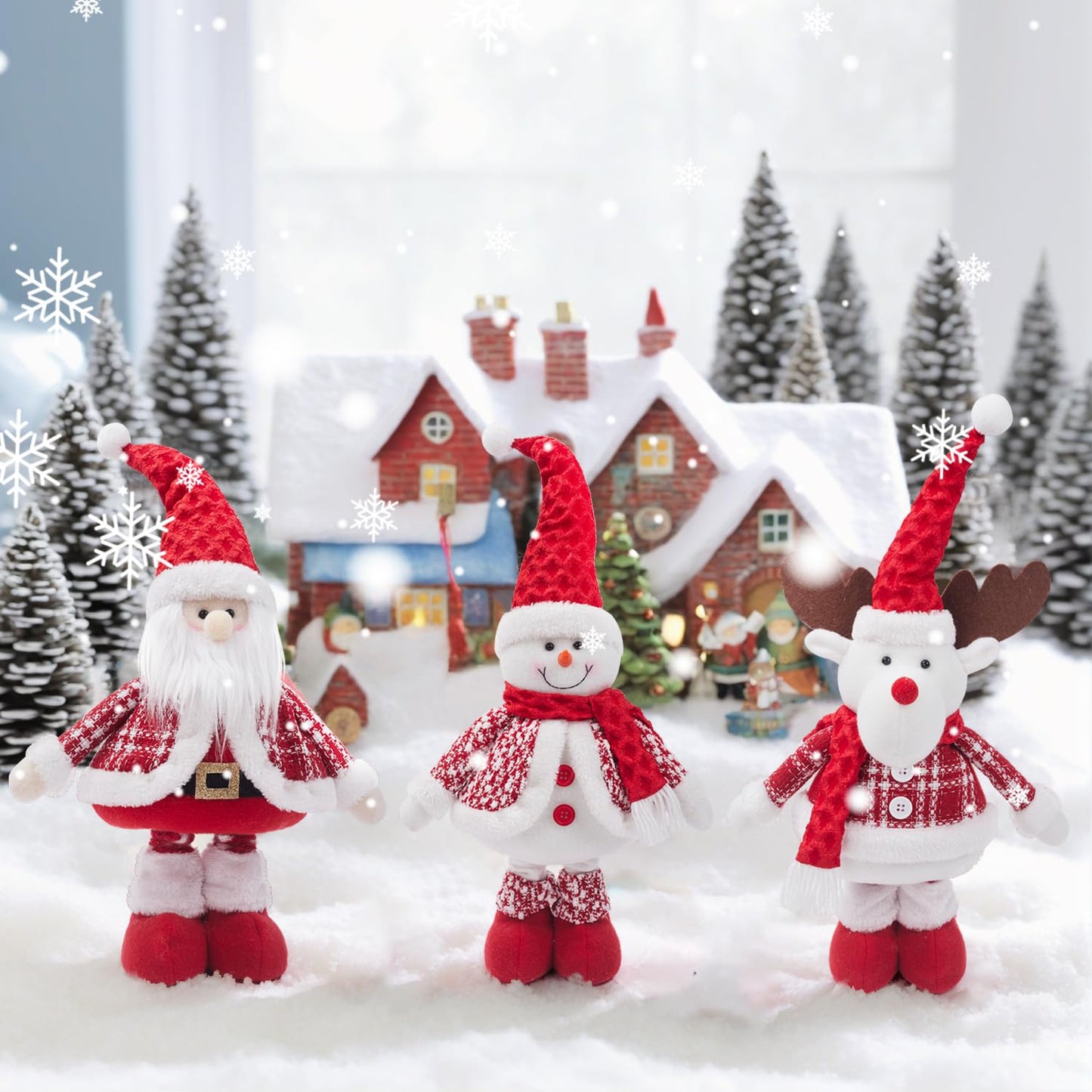 JIAHG Christmas Decorations Standing Fabric Santa Claus Snowman Reindeer with Stretchy Legs Christmas Tree Party Favors for Home Office Tabletop Fireplace Shelf Figurine Xmas Decor Ornaments
