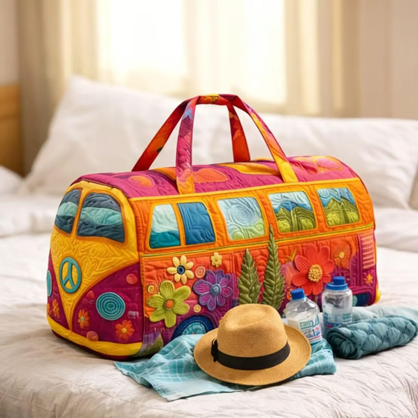 Unisex Boho Quilted Weekender Bag – Lightweight, Free-Spirited, Ready to Wander, Large Hippie Journey Travel Duffle With 3 Shoe Bags, Vintage Floral Luggage for Gym, Yoga & Carry-on (Q, 16*8*8 IN)