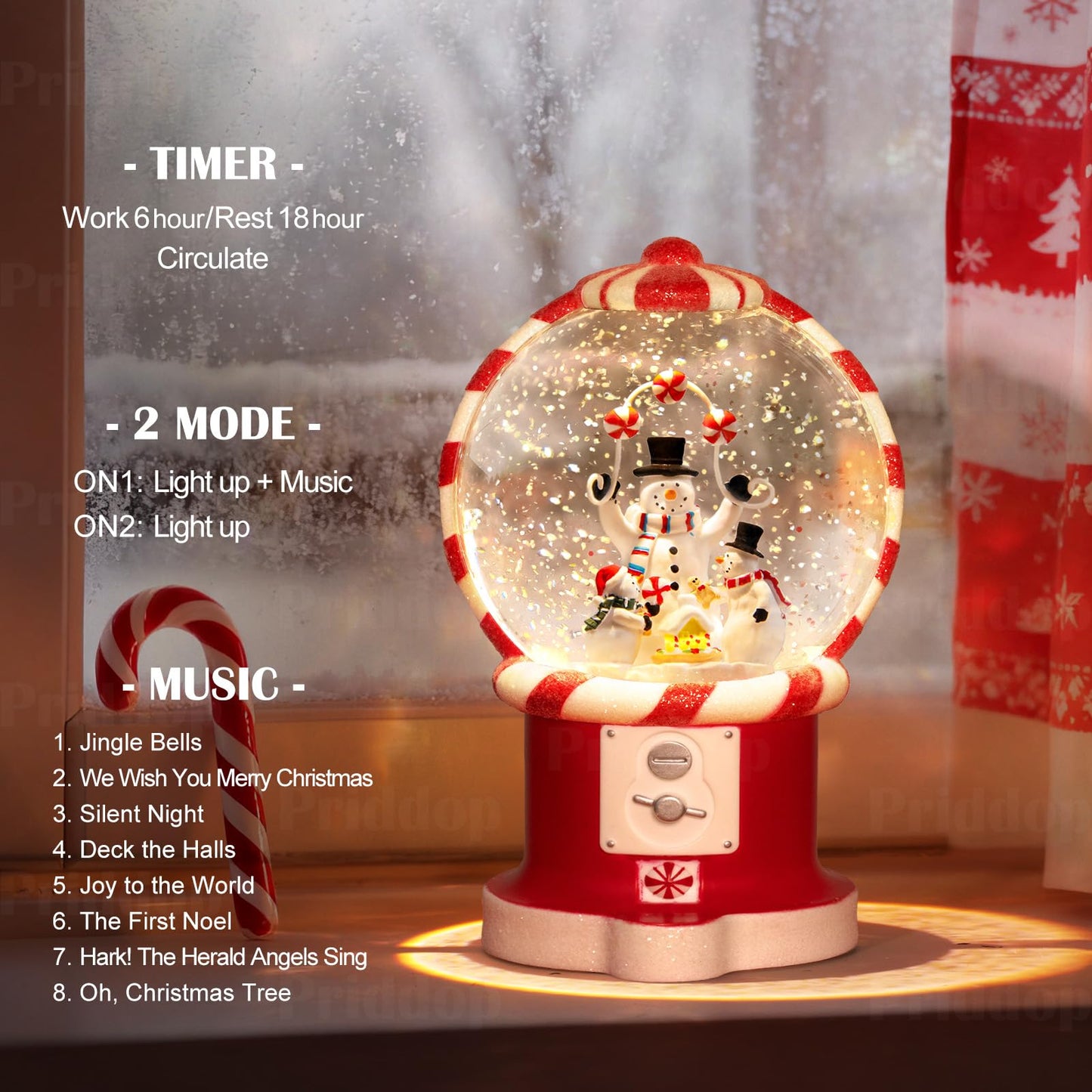 Priddop Snowman Snow Globe Christmas Classic Candy Vending Machine Shape Gifts USB/Battery Musical Glitter Snowfall USB/Battery Timer Christmas Decorations Indoor 7.8 inch