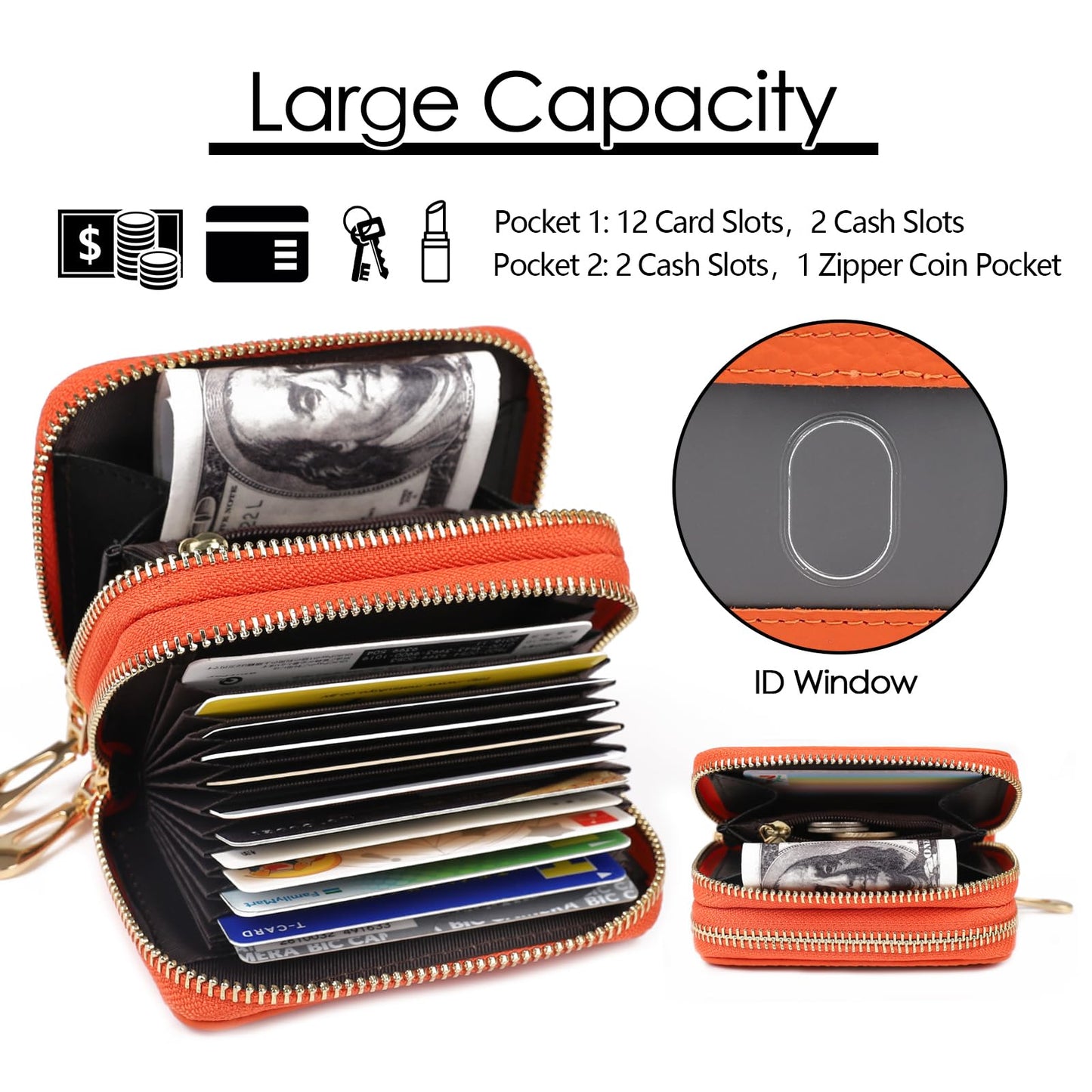 imeetu RFID Credit Card Holder, Small Leather Double Zipper Card Case Wallet for Women (Max,Orange)