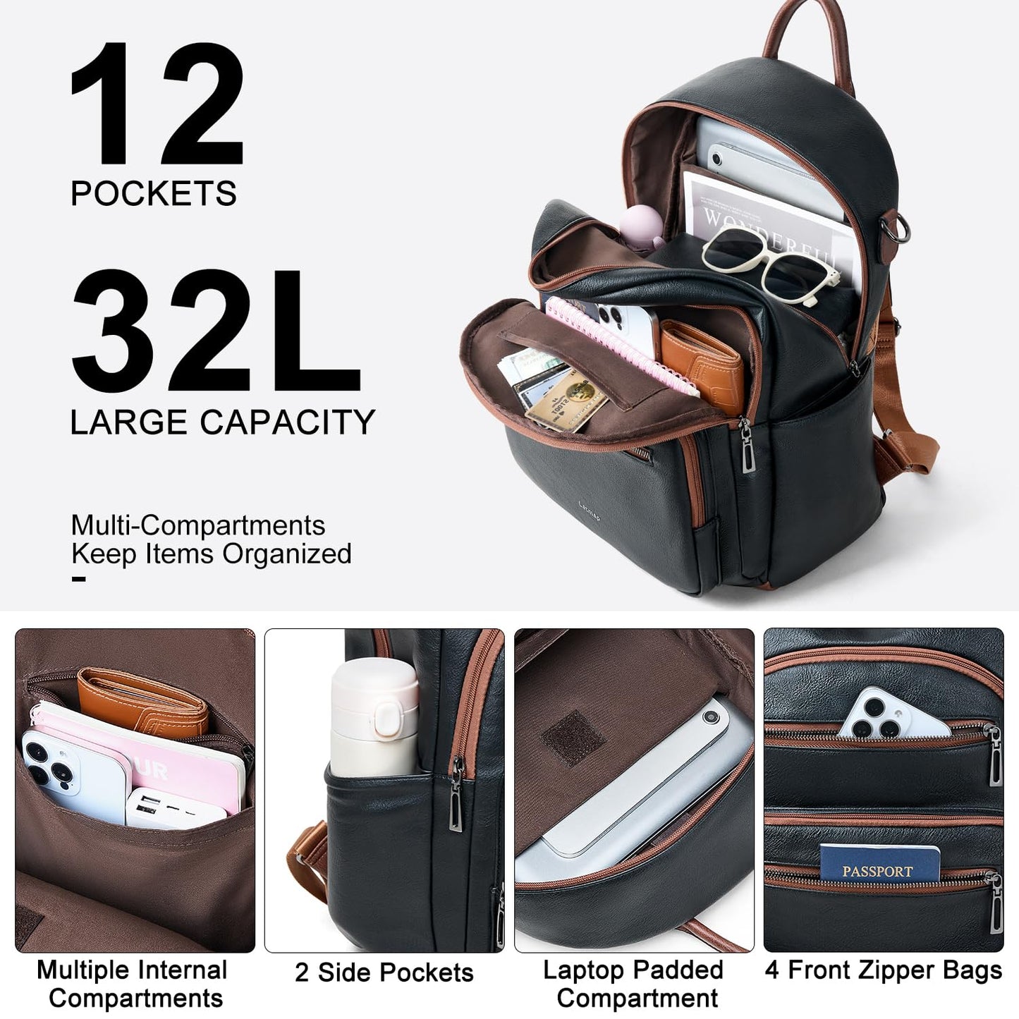 LATMAP Backpack Purse for Women Laptop Backpack, Leather Travel Backpack Shoulder Bag Teacher College Daypack Work Handbag fits 14" Laptop-Black with Brown