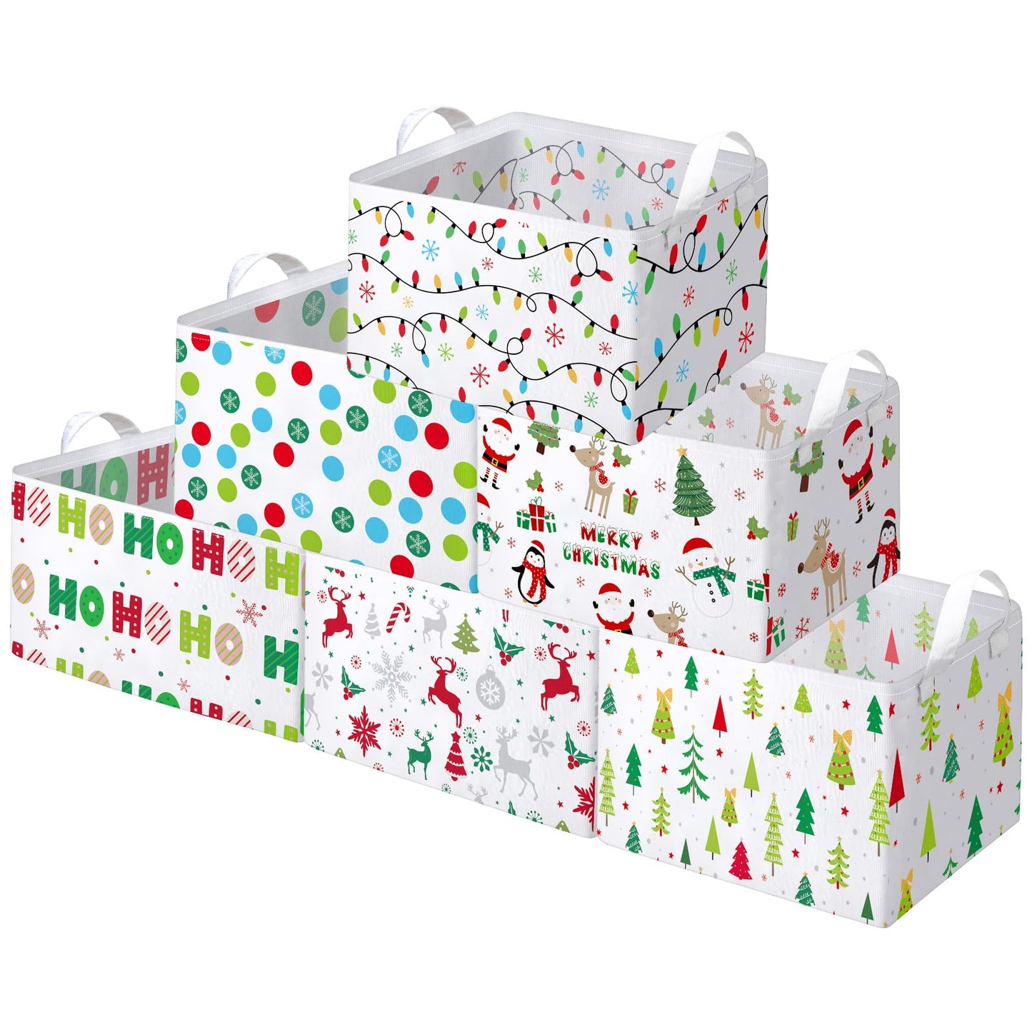 Maxcheck 6 Pcs Large Christmas Basket for Gifts Empty Foldable Xmas Gift Basket Rectangle Christmas Fabric Present Storage Boxes Bin Fabric Cubes Containers Boxes with Handles for Present Cloth Toy