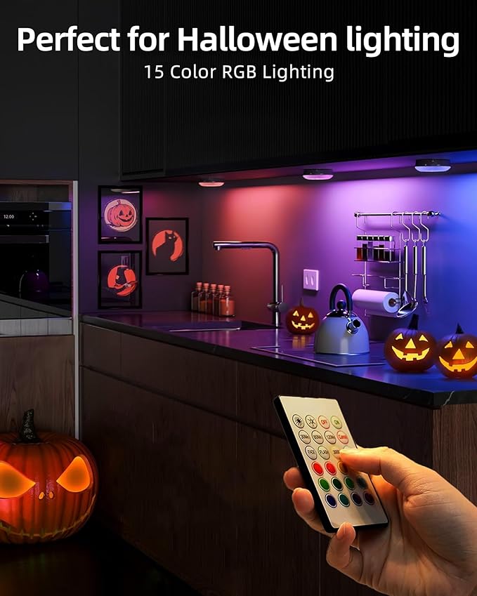 EZVALO Under Cabinet Lighting with Charging Station,1000mAh Rechargeable Puck Lights with Remote, 3 Color Temps & 12 RGB Closet Lights, Dimmable Motion Sensor Lights for Shelf, Kitchen (3 Packs)