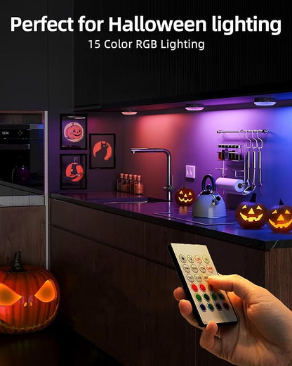 EZVALO Under Cabinet Lighting,1000mAh Rechargeable Puck Lights with Remote,3 Color Temps & 12 RGB Motion Sensor Closet Lights Indoor, Dimmable Under Counter Lights for Kitchen, Shelf Black (6 Packs)