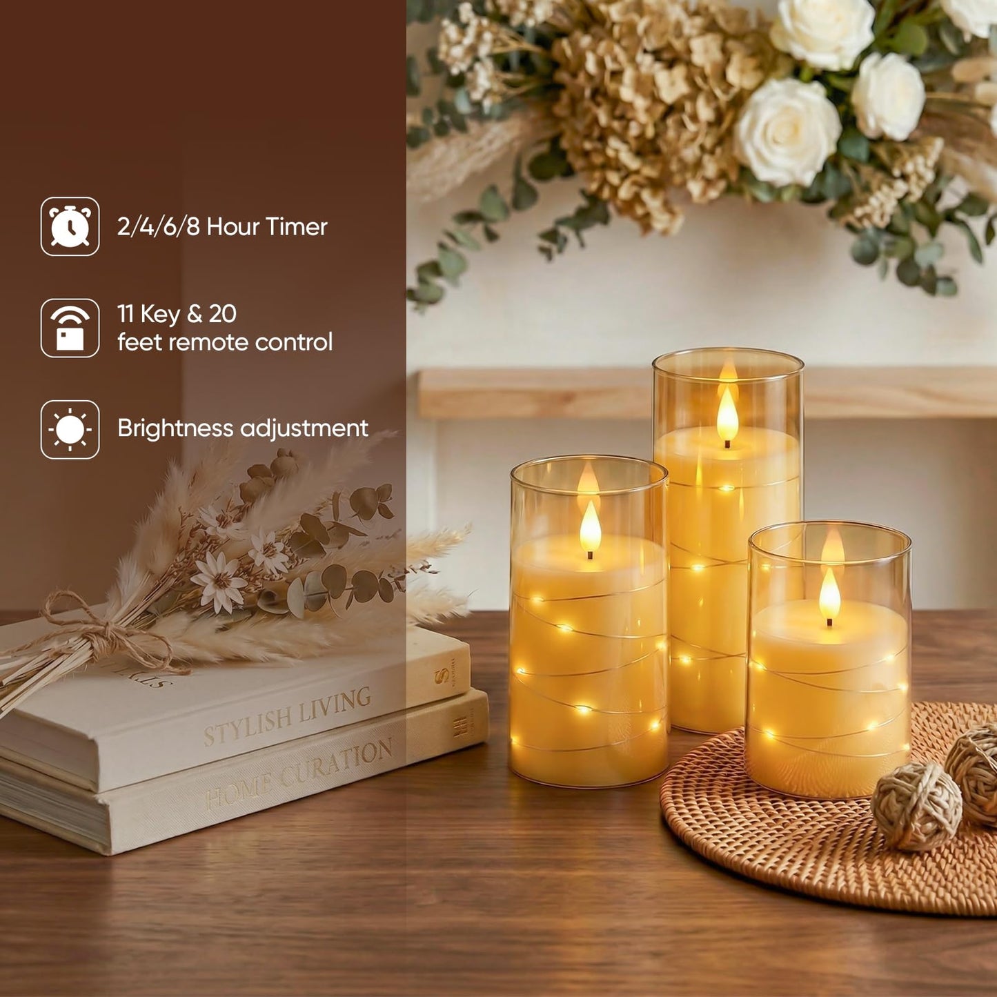 Amagic Flameless Candles, Flickering Battery Operated Candles Embedded Fairy String Light, Realistic Pillar Candle with Remote Control and Timer, Acrylic Amber Gold, Set of 6, D3 x H4 5" 6"