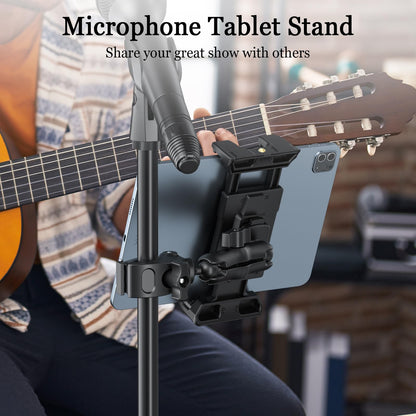 OHLPRO Tablet Mic Stand Holder for iPad Treadmill Handlebar Clamp, Mount for Spin Bike Microphone Peloton Stroller Bicycle, Fit 5-13” iPad Pro 12.9 Air Mini, Galaxy Tab, iPhone, Fire HD 10