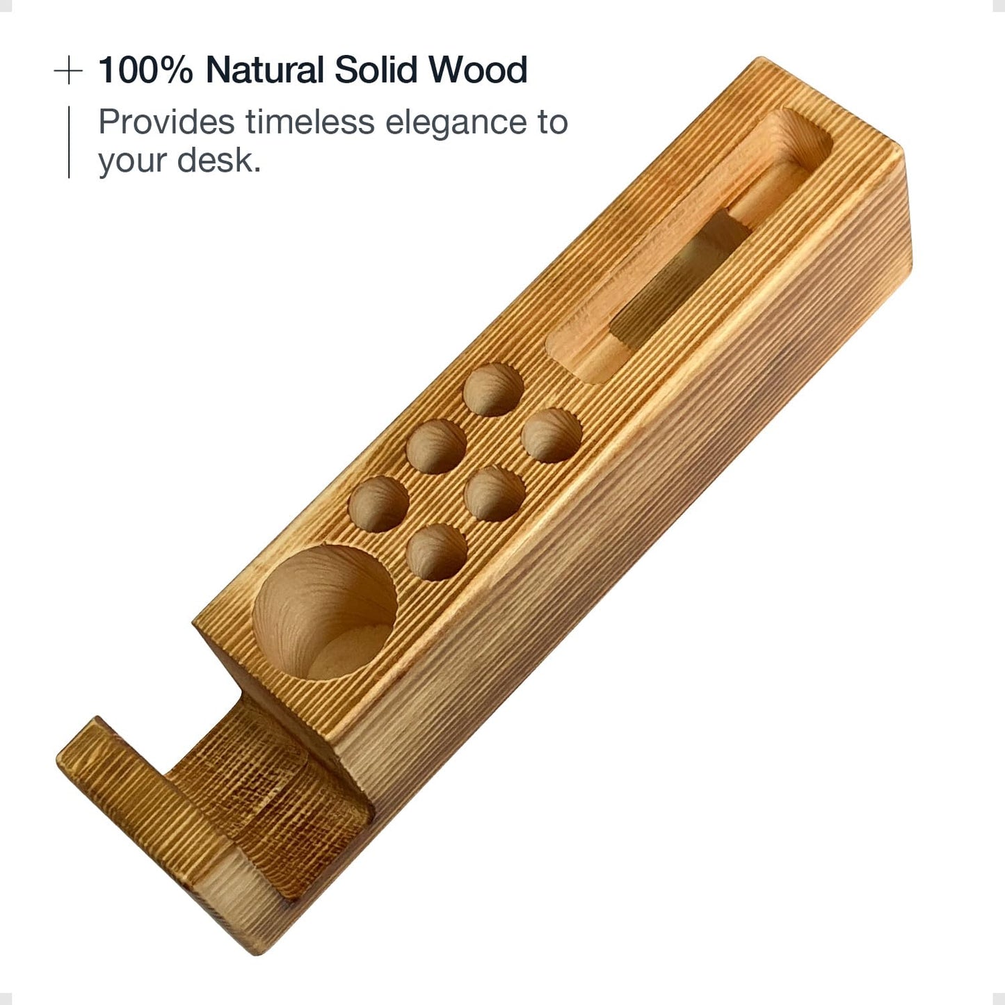Hoffengwell Wooden Desk Organizer with Phone Holder – Stylish & Functional Book, Pen and Cell Phone Charging Stand - Solid Wood Desk Top Organizer
