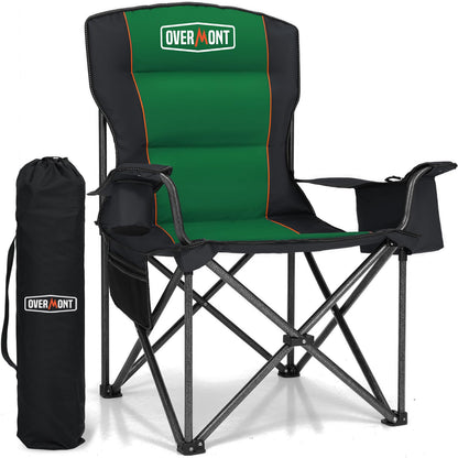 Overmont Oversized Folding Camping Chair - 450lbs Support with Padded Cushion Cooler Pockets - Heavy Duty Collapsible Chairs for Sports Garden Beach Fishing Green