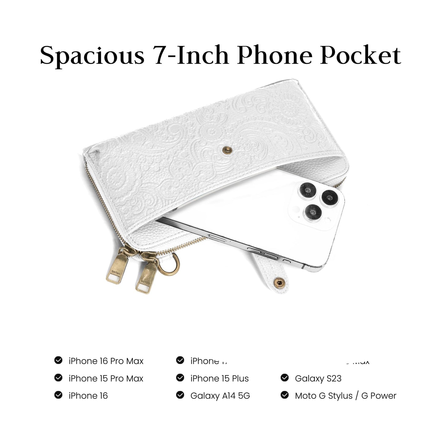 befen Genuine Leather Wallet Purse for Women, White Purse Cell Phone Crossbody with Built in Wallet Soft Real Leather Crossbody Bag with RFID Blocking Travel Small Cluth Purse with 2 Removable Strap